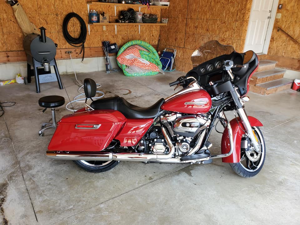Red motorcycle in garage